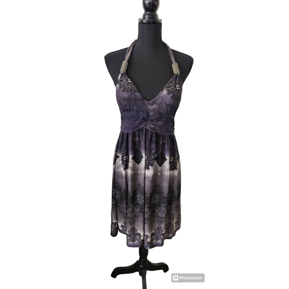 LAGACI Y2K Mini Dress Grey/Black/White Floral Halter Backless Midi Womens M